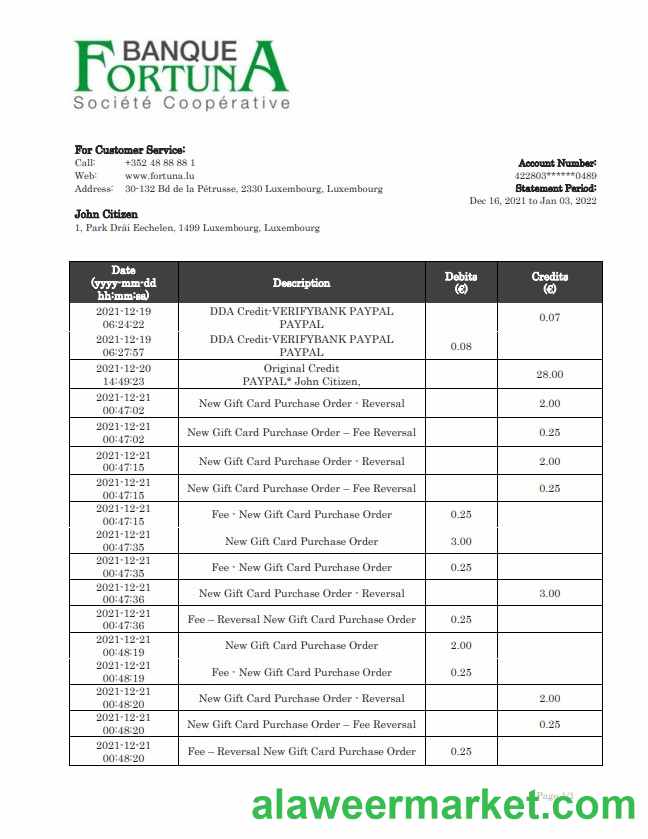 Luxembourg Fortuna Banque bank statement